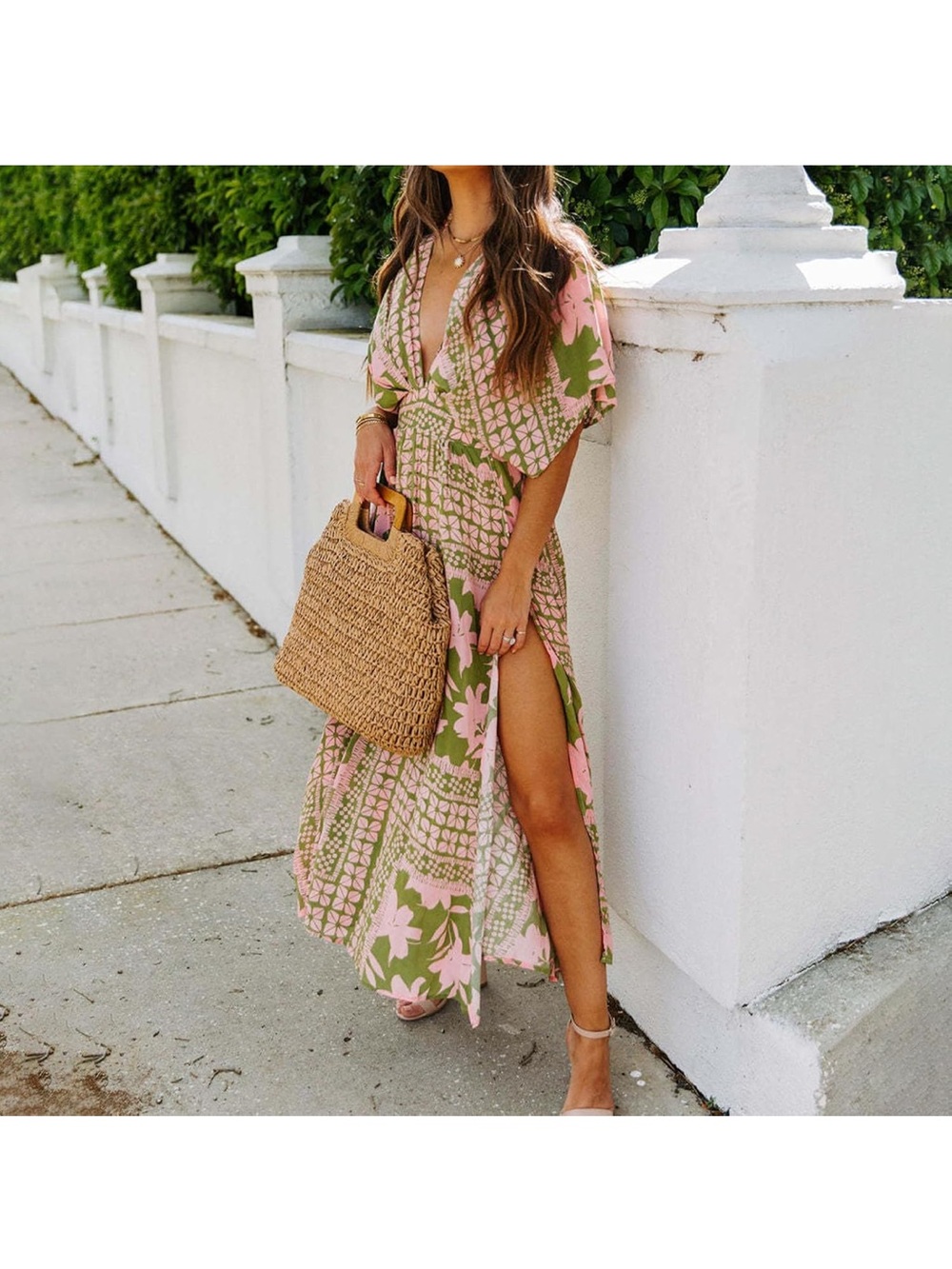 Pink & Olive Floral Wrap Maxi Dress